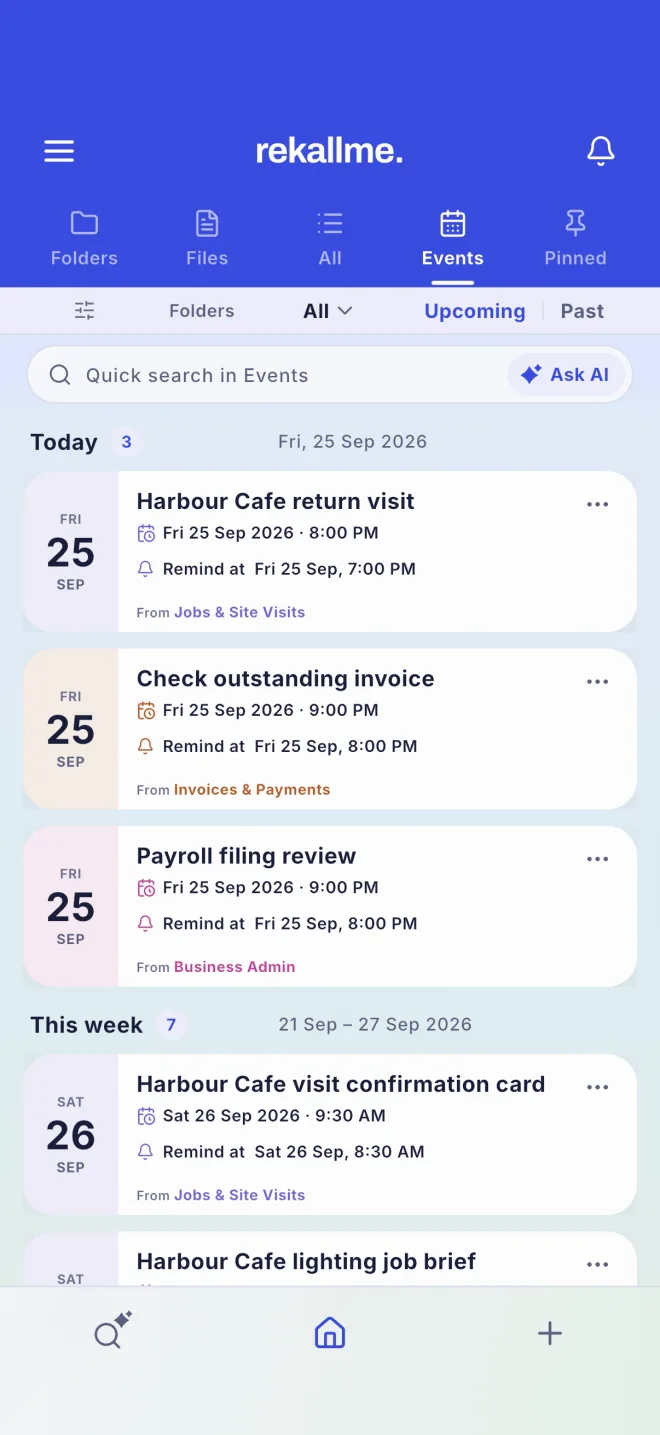 The Events tab listing today's visits and invoices with reminder times.