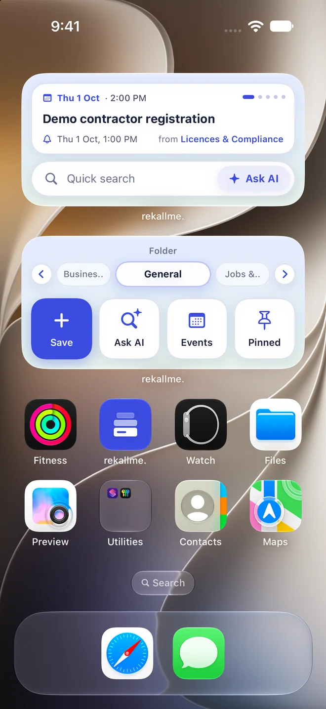 The Home Screen with two Rekallme widgets: the next event with Quick search and Ask AI, and a folder picker with Save, Ask AI, Events and Pinned.