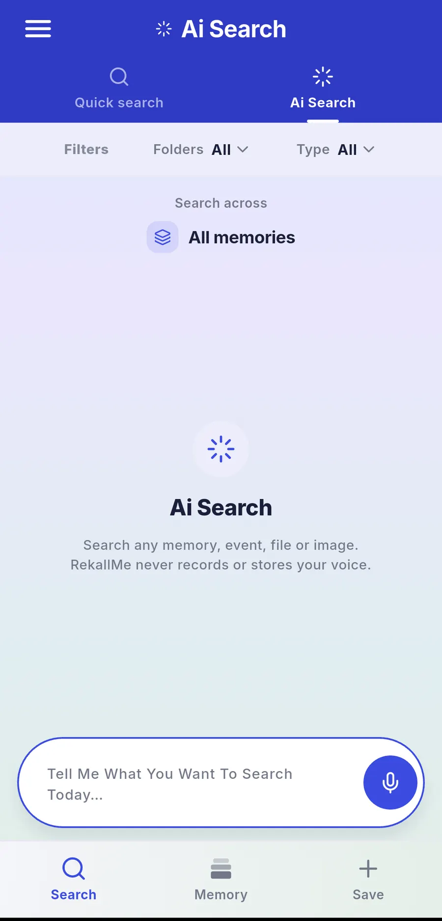 The Ai Search screen, inviting you to type what you want to search for, with a microphone button.
