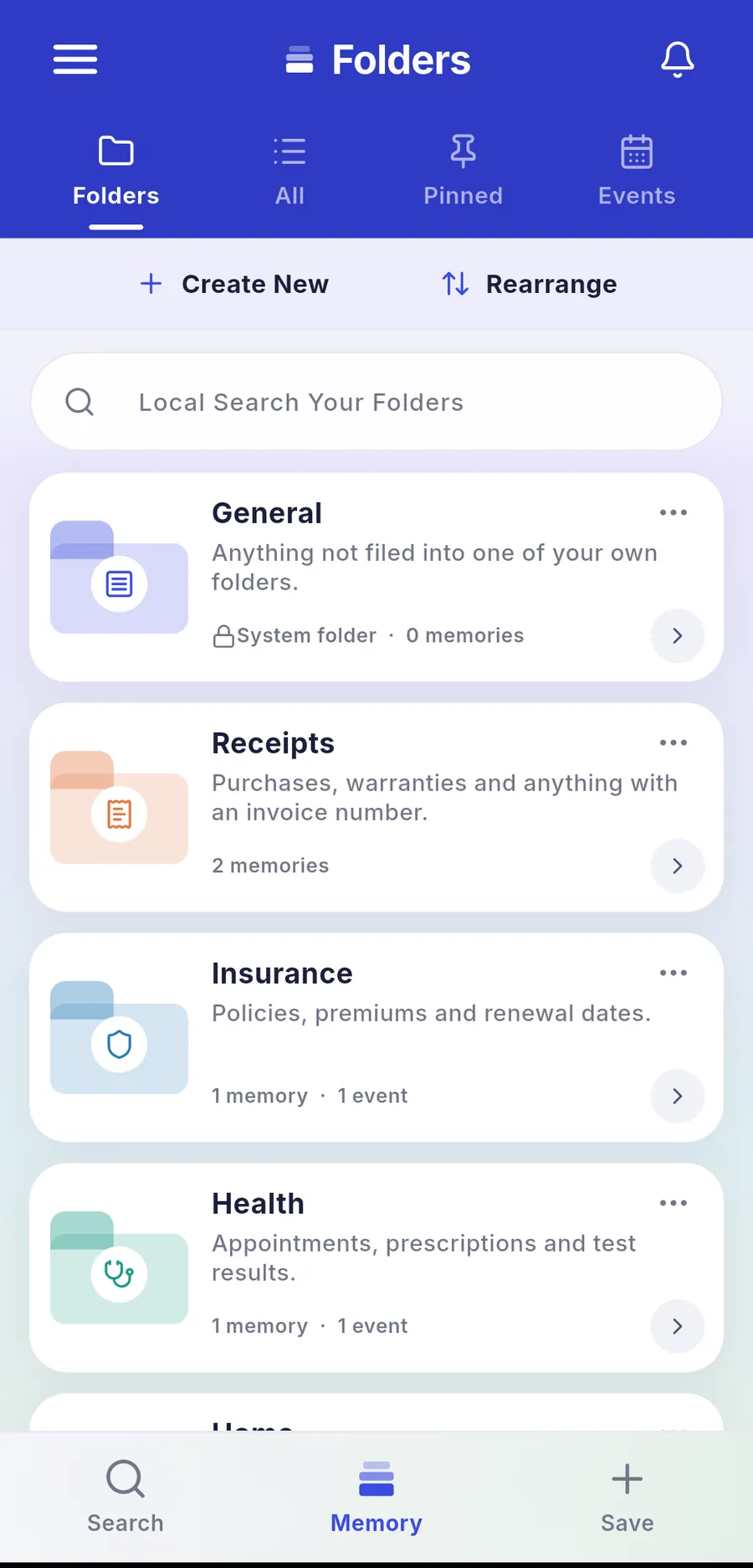 The folders screen showing General, Receipts, Insurance and Health, each with its own icon, colour and item count.