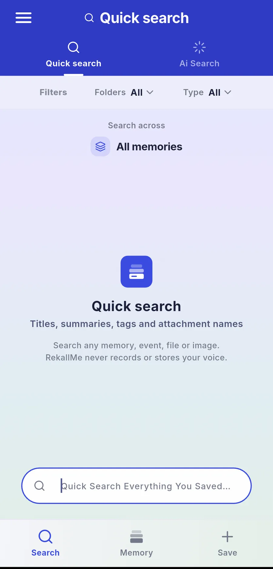 The Quick search screen, which searches titles, summaries, tags and attachment names.