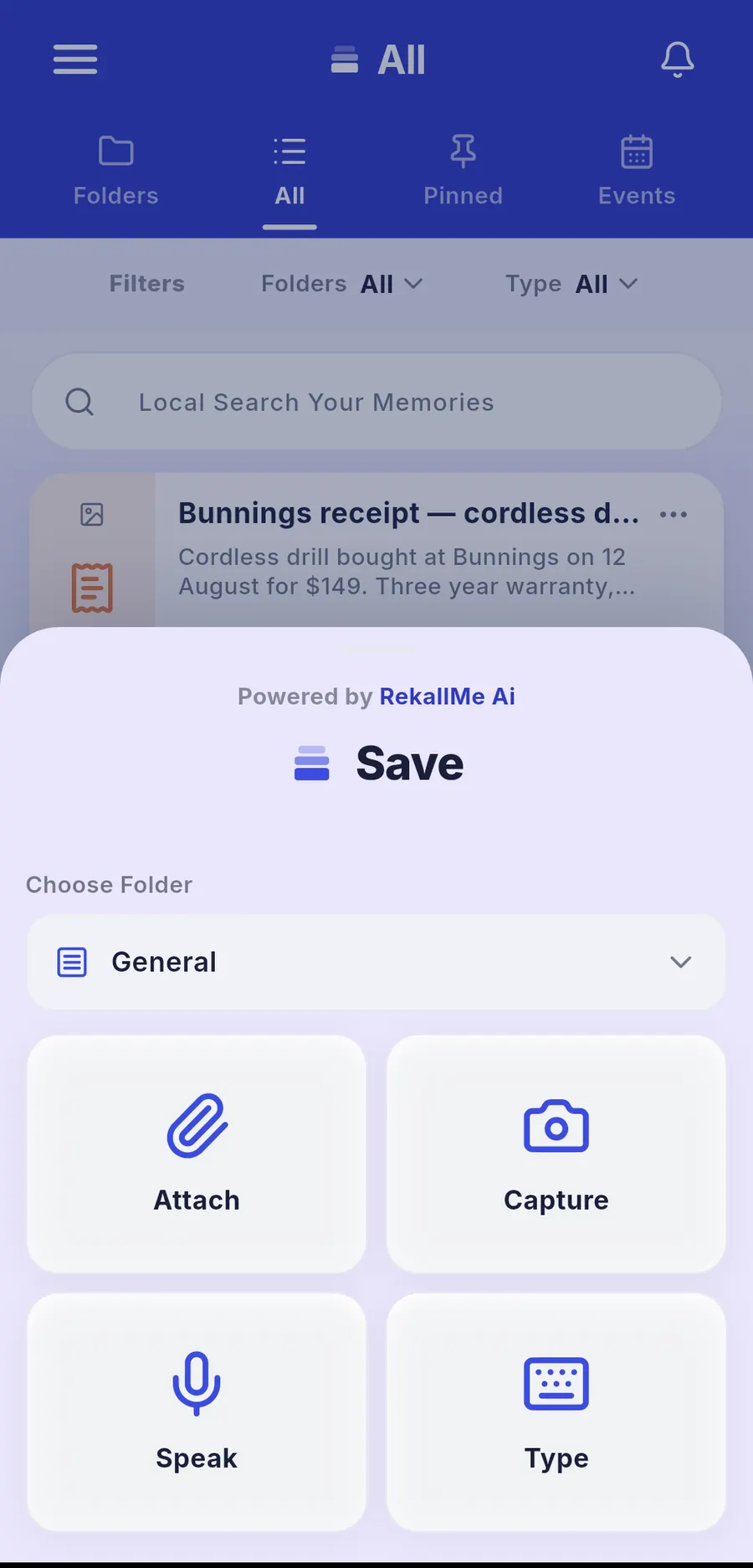 The RekallMe save screen, with a folder chooser set to General and four buttons: Attach, Capture, Speak and Type.